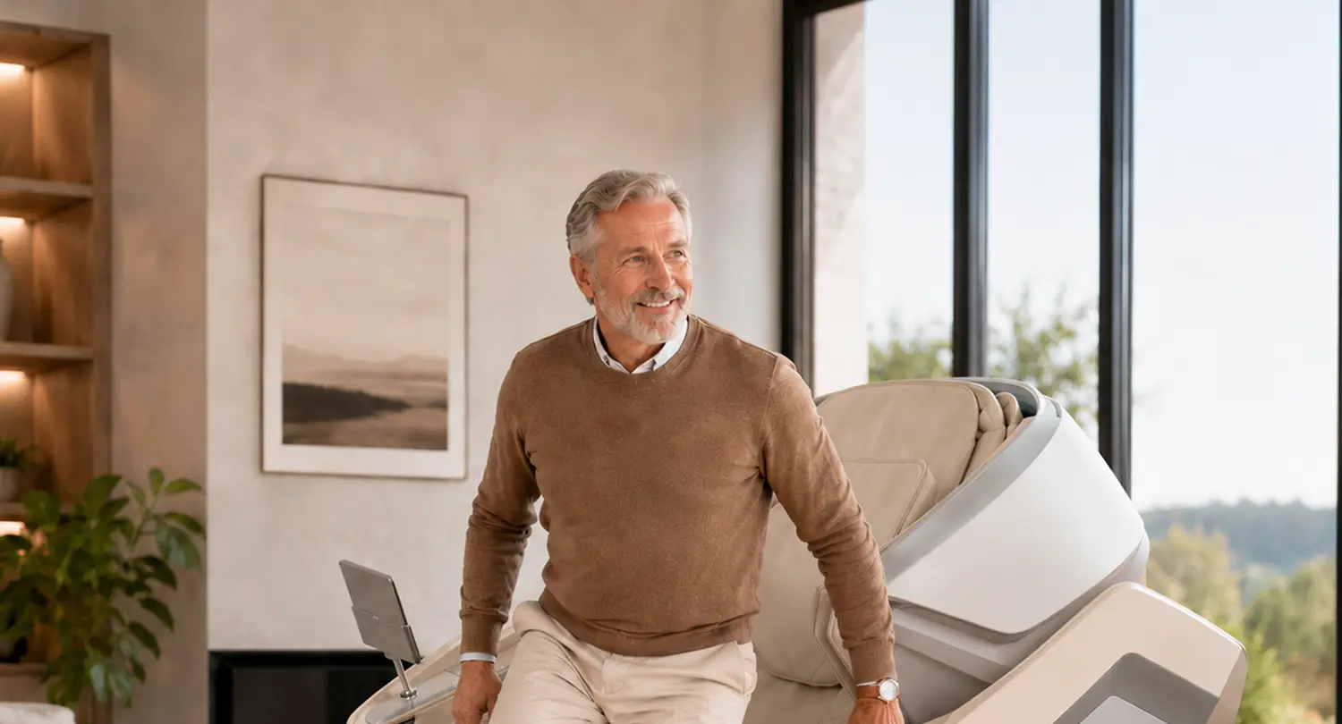 A man rising from an Osaki Ai Apex Duo massage chair